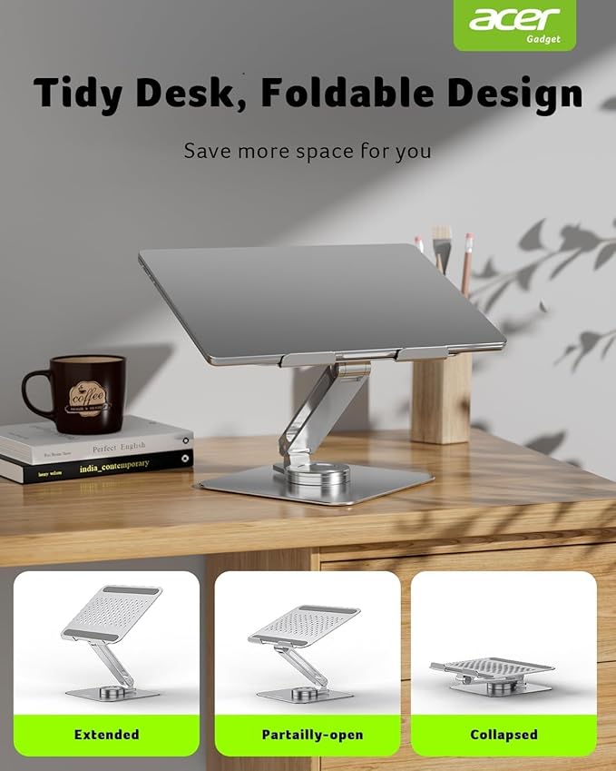 acer Laptop Stand for Desk - with 360 Swivel Base, Rotating Laptop Riser for Desk, Adjustable Computer Stand for Laptops, Ergonomic Riser Holder Foldable, Portable MacBook Pro Air (10-16") - Silver