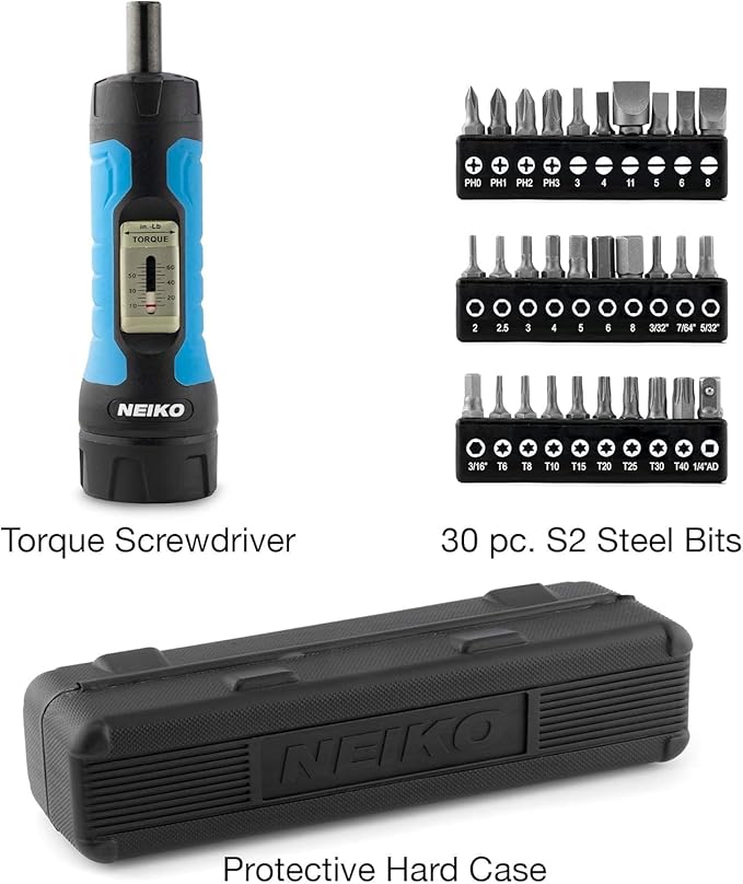 Neiko 10574A 1/4” Drive Torque Wrench Screwdriver Set | 30 Pieces of S2 Steel Philips, Hex, Slotted, and Torx Bits | 10 to 60 Inch-Pounds Torque Adjustment Range | Firearms Accurizing and Gunsmithing
