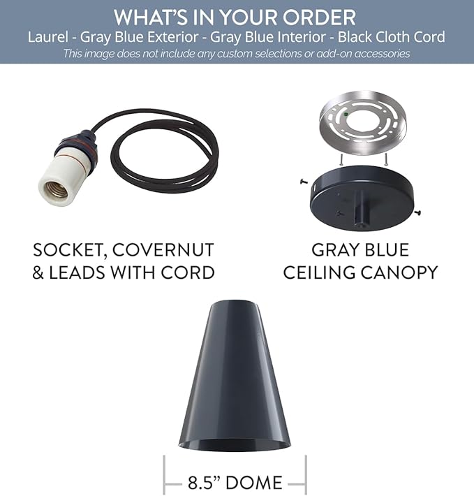 Steel Lighting Co. Laurel Pendant Light | Ceiling Mounted | 8.5 inch Cone Shade | Modern Contemporary Farmhouse Style Made in America | Black Cloth Cord | Gray Blue Exterior/Gray Blue Interior
