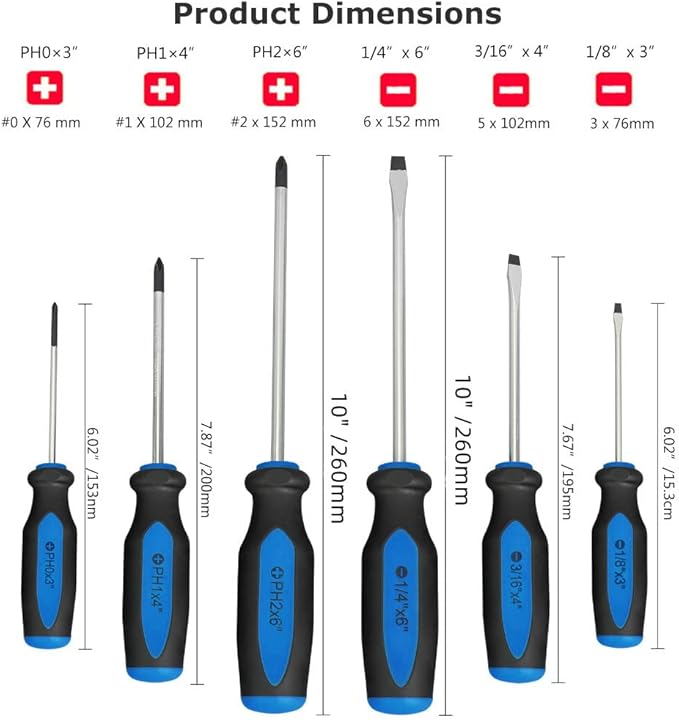 Magnetic Screwdrivers Set, 6 Pieces Slotted & Phillips Screwdriver with Permanent Magnetic Tips, Ergonomic Comfortable Handle,Rust Resistant Heavy Duty DIY Hand Tool Kit for Craftsman Repairing, Blue