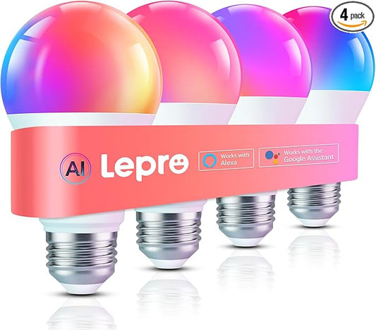 Lepro B1 AI Smart Light Bulbs - WiFi & Bluetooth RGBWW Color Changing LED Bulb Compatible with Alexa & Google Assistant, AI Generated Lighting LLM, AI Voice Control, Music Sync, 2.4GHz Only, 4 Pack