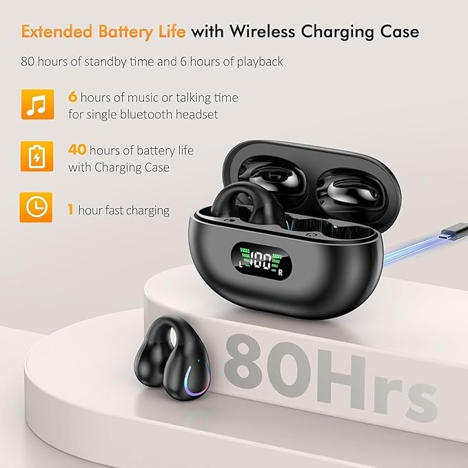 Clip On Earbuds, Wireless Bluetooth 5.3 Lightweight Comfort Bone Conduction Open Ear Headphones with LED Digital Display Charging Case Sport Built-in Mic IPX7 Waterproof for Running Fitness, Black