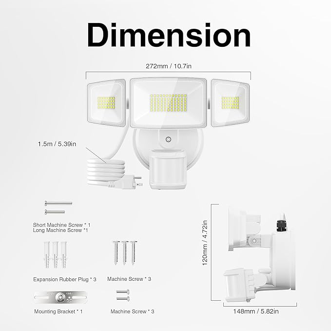 Onforu 65W LED Motion Sensor Outdoor Lights Plug in, Dusk to Dawn Flood Security Lighting Outside, Motion-Activated Detector Exterior Photocell Light Fixture, 6500LM 6500K IP65 Waterproof (White)