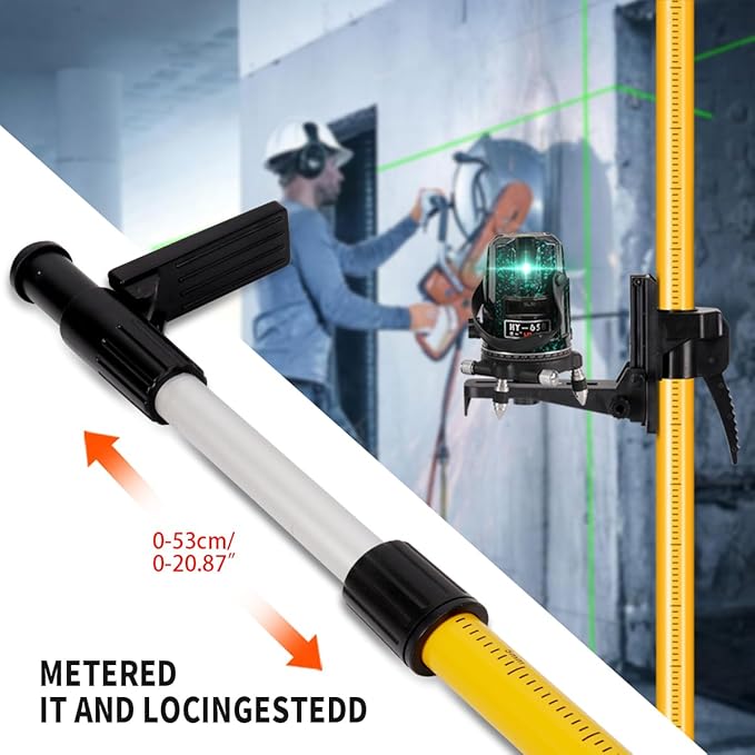 12 Ft/3.7 M Adjustable Telescoping Laser Pole, Laser Level Pole with Tripod and Bracket, 1/4"-20 & 5/8"-11 Mounts, Tripod with Bubble Level & Carry Case for Rotary/Line Lasers