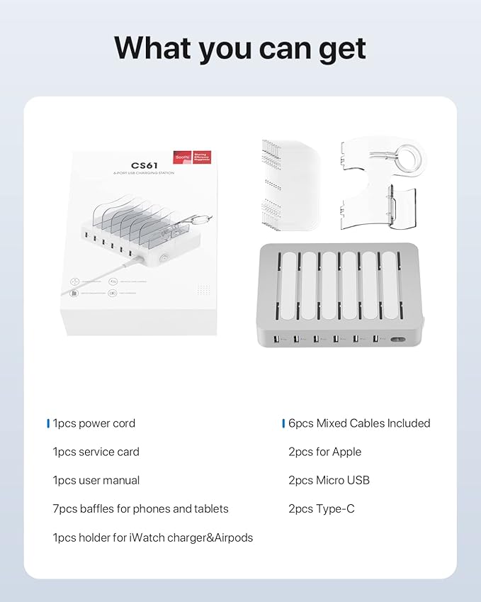 SooPii Premium 6-Port USB Charging Station Organizer for Multiple Devices, 6 Short Charging Cables and One Upgraded i-Watch Charger Holder Included, for Phones,Tablets and Other Electronics, Silver