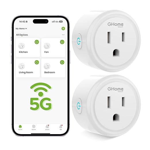 GHome Smart 5G 15A Smart Plug Work with Alexa and Google Home WiFi Smart Plugs, Smart Home WiFi Outlet with Remote Control & Timer, 5GHz and 2.4GHz Wi-Fi Compatible, ETL FCC Listed, White, 2 Pack