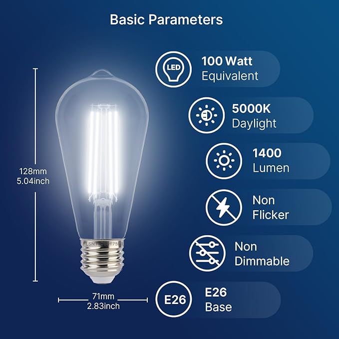 FLSNT Dusk to Dawn Outdoor Sensor ST19 LED Edison Bulb, 5000K Daylight, 8W (100W Eqv.), 1400LM,Vintage Filament E26 Base, Auto On/Off Photocell Automatic for Energy-Efficient Outdoor Lighting, 4 Pack