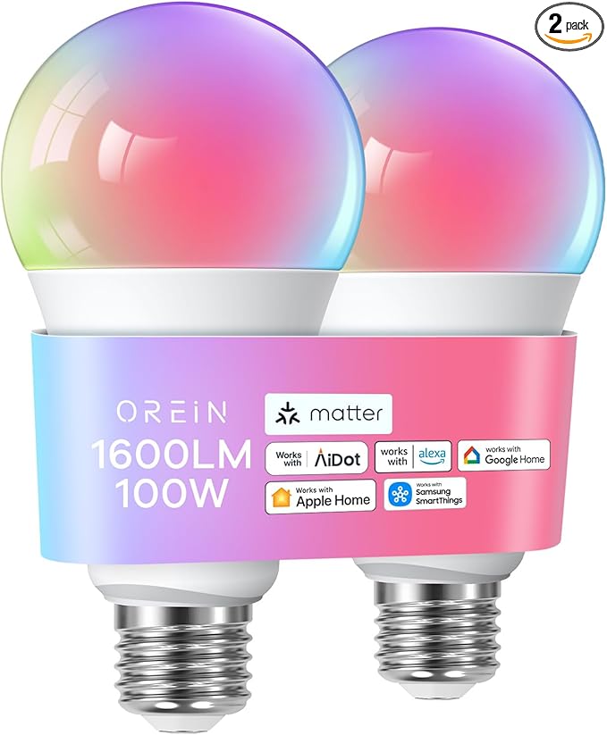 OREiN Matter Smart Light Bulb, 1600 Lumens 100W Equivalent Smart Light Bulbs, Color Changing Light Bulbs Work with Apple Home, Alexa, Google Home, SmartThings, A21 Smart Bulbs 2.4Ghz WiFi, 2Pack