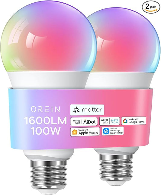 OREiN Matter Smart Light Bulb, 1600 Lumens 100W Equivalent Smart Light Bulbs, Color Changing Light Bulbs Work with Apple Home, Alexa, Google Home, SmartThings, A21 Smart Bulbs 2.4Ghz WiFi, 2Pack