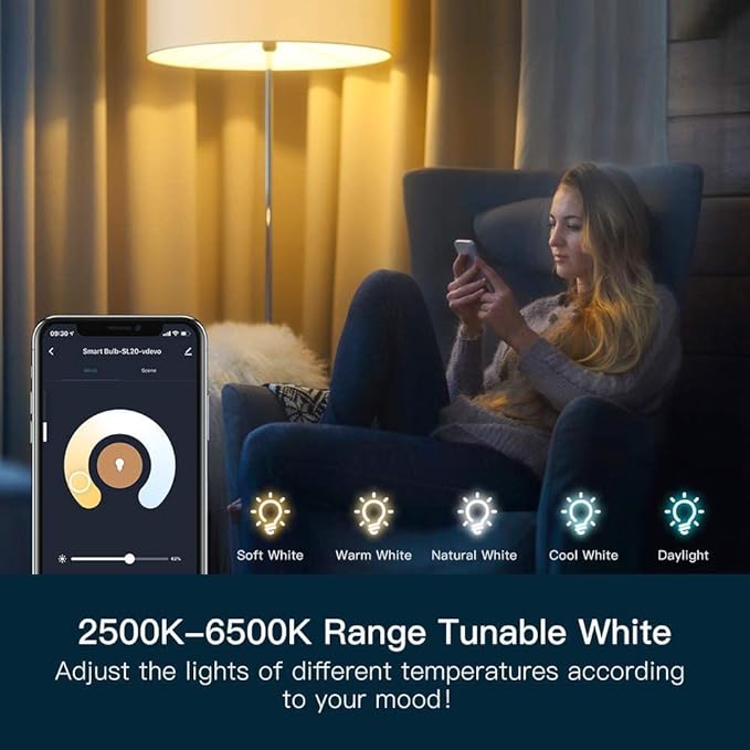 TREATLIFE Smart Light Bulbs, 2.4GHz WiFi LED Light Bulb, Dimmable Smart Bulb Compatible with Alexa, Google Home, SmartThings, UL Certified Warm White& Cool White(2700K-6500K), 800LM, E26, A19, 9W
