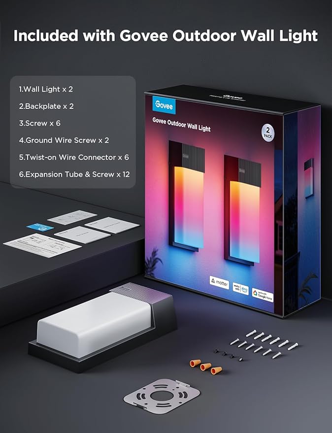 Govee Outdoor Wall Light, 1500LM Smart RGBIC Porch Lights Outdoor with 45 Scene Modes, IP65 Waterproof for Outdoor Decor, DIY Lighting Effects, Works with Alexa, Google Assistant and Matter, 2 Pack