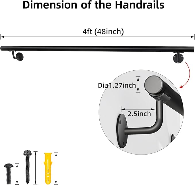 48 Inch Black Square Pipe Staircase Handrails - 4 FT Wall Mount Stairway Railing Indoor, Outdoor Stair Railing, Deck Rails, Banister Railing, Safety Grab Handle for Handicap