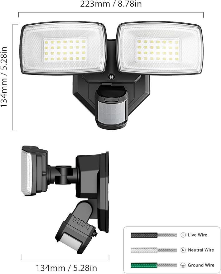 Onforu 32W 2 Head Motion Sensor Outdoor Lights, 3200LM 6500K Hardwired LED Security Light, Dusk to Dawn, Motion Detector Light for Outside, 2 Pack IP65 Waterproof Flood Lights for Garage, Yard(Black)