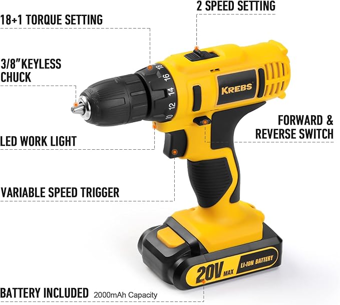 KREBS 20V Cordless Drill Electric Power Drill Set 3/8” Keyless Chuck 265 in-lbs Torque 18+1 Position Drill Driver Kit LED Light 88pcs Accessories for Furniture Assembly, DIY Project, Home Improvement.