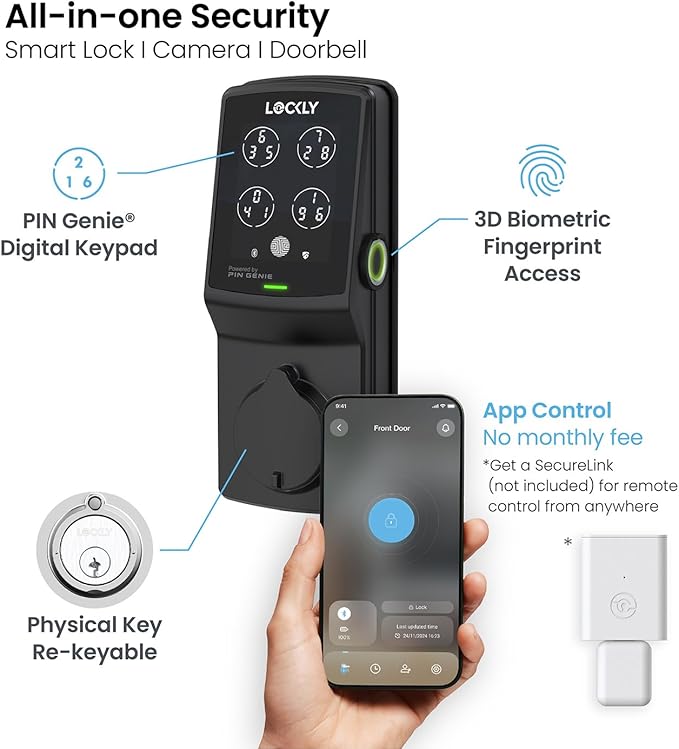 Lockly Secure Plus, Keyless Entry Door Lock, Smart Locks for Front Door, Smart Lock Deadbolt, PIN Genie® Keypad, 3D Biometric Fingerprint Sensor, Auto Lock Smart Door Lock (Matte Black)