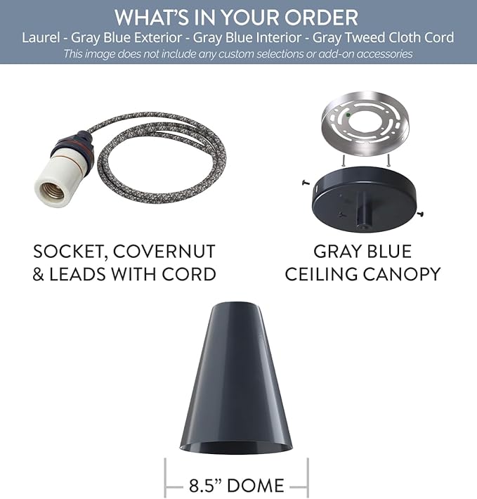 Steel Lighting Co. Laurel Pendant Light | Ceiling Mounted | 8.5 inch Cone Shade | Modern Contemporary Farmhouse Style Made in America | Gray Tweed Cloth Cord | Gray Blue Exterior/Gray Blue Interior
