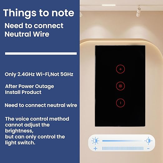 Smart Dimmer Switch Need Neutral Wire No Hub Required,2.4GHz Wi-Fi Light Switch APP Control Work with Tuya and Smart Life,FCC Certified,Smart Home Device 110/220VAC,Black Dimmer