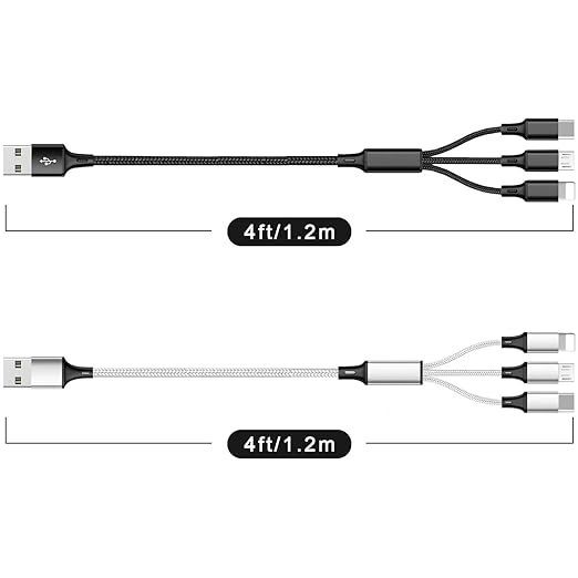 Multi USB Charging Cable 3A, 3 in 1 Fast Charger Cord Connector with Dual Phone/Type C/Micro USB Port Adapter, Compatible with Tablets Phone 12 11 Pro 8 7 6 Samsung Galaxy (4FT/2Pack Charging Only)