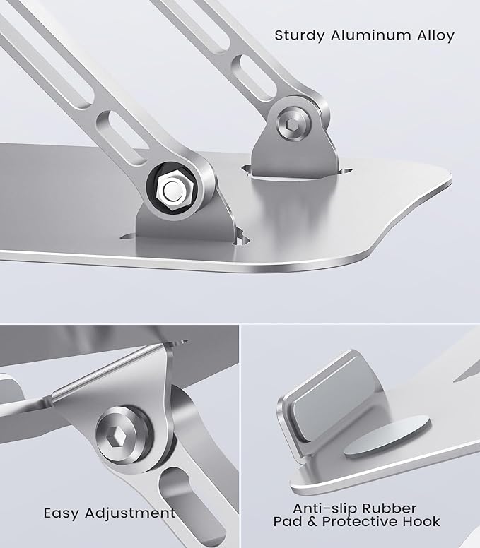 Laptop Stand Adjustable Computer Stand Sturdy Aluminum Laptop Stand for Desk Foldable Laptop Holder Portable Riser for 11–16-inch Laptop Notebook Tablet and More, Silver