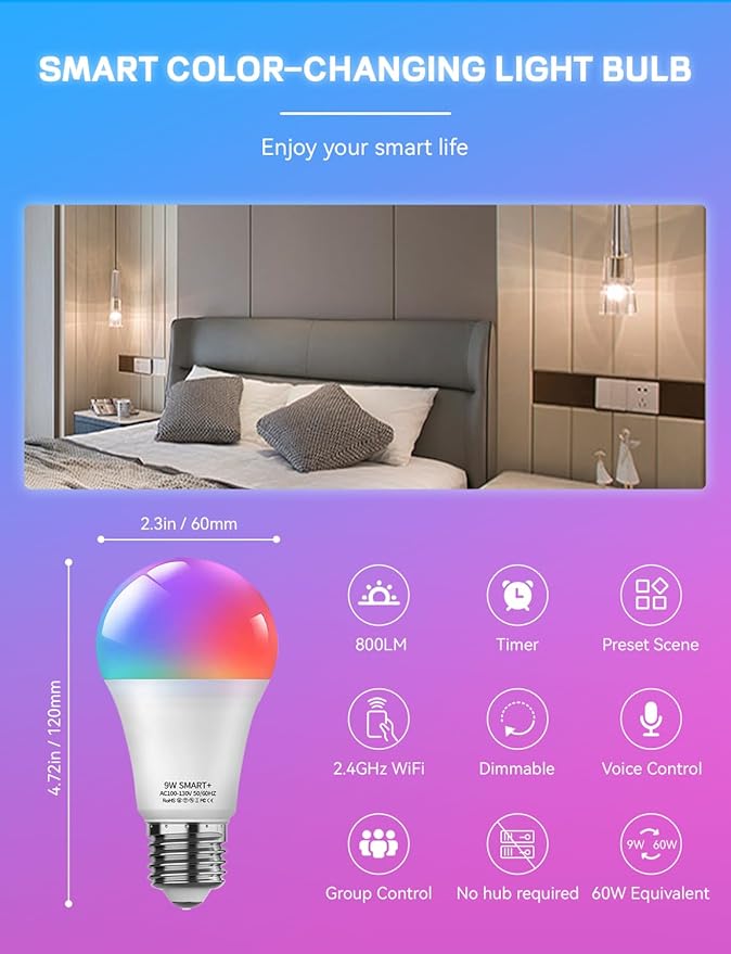 Smart Light Bulbs 4Pack with Remote, A19 E26 800LM LED Color Changing Light Bulb, WiFi & Bluetooth 5.0, Warm to Cool White, Dimmable, RGB Smart Home Lighting Work with Alexa Google Assistant
