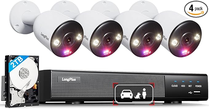 LongPlus Smart 4K 8CH Home Security Camera System, 4Pcs Wired PoE IP Cameras System Outdoor with Person/Pet/Vehicle Detection, 12MP 8CH NVR with 2TB HDD for 24-7 Recording, LP8ME84D1
