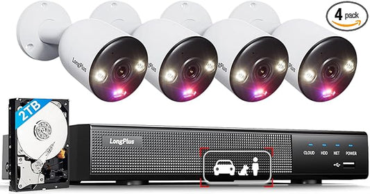 LongPlus Smart 4K 8CH Home Security Camera System, 4Pcs Wired PoE IP Cameras System Outdoor with Person/Pet/Vehicle Detection, 12MP 8CH NVR with 2TB HDD for 24-7 Recording, LP8ME84D1