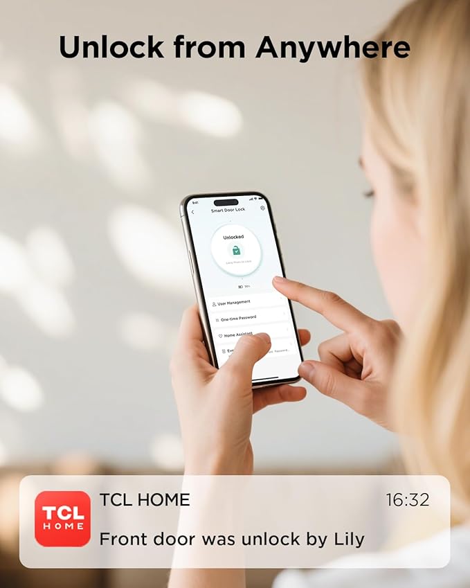 TCL D2 Plus Smart Lock, Fingerprint Door Lock, Built-in Doorbell & Wi-Fi, No Hub Needed, Keyless Entry Electronic Deadbolt for Front Door, Compatiable with Alexa&Google Assistant, Auto Lock