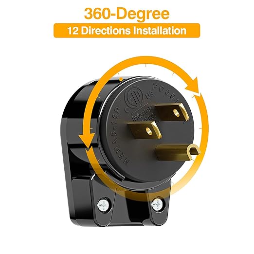 (10 Pack) Nema 5-15P 90 Degree Right Angle Plug, 15A 125V, ETL Verified, Black