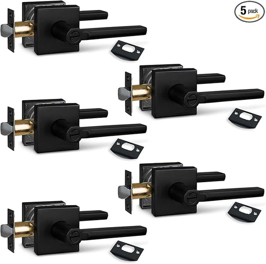 (5Pack) Bed/Bath Room Door Lever for Privacy Bathroom and Interior Door Door Lock Handle in Aged Matt Black, HD1601-DB-BK-5P