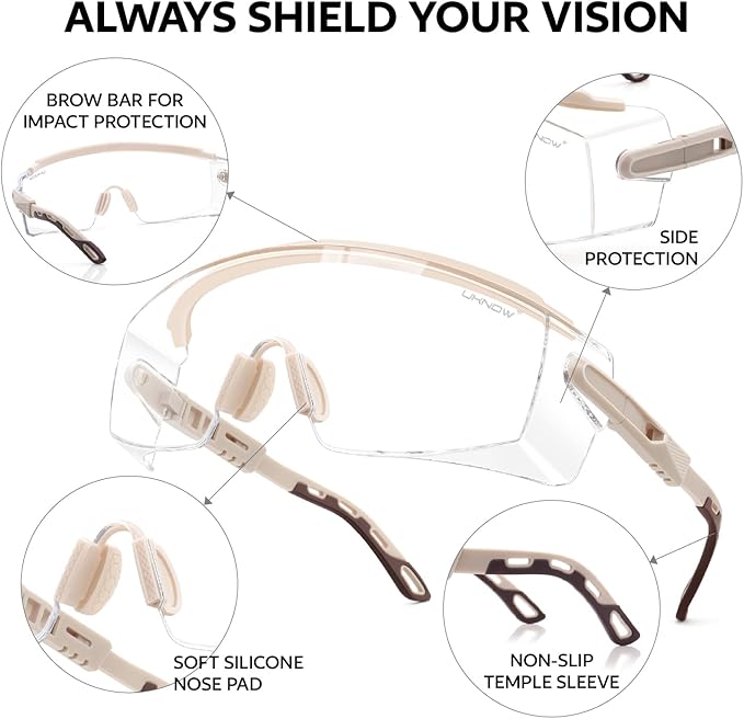 UKNOW Safety Glasses Over Eyeglasses, Anti Fog Safety Goggles ANSI Z87.1, Adjustable Protective Eyewear