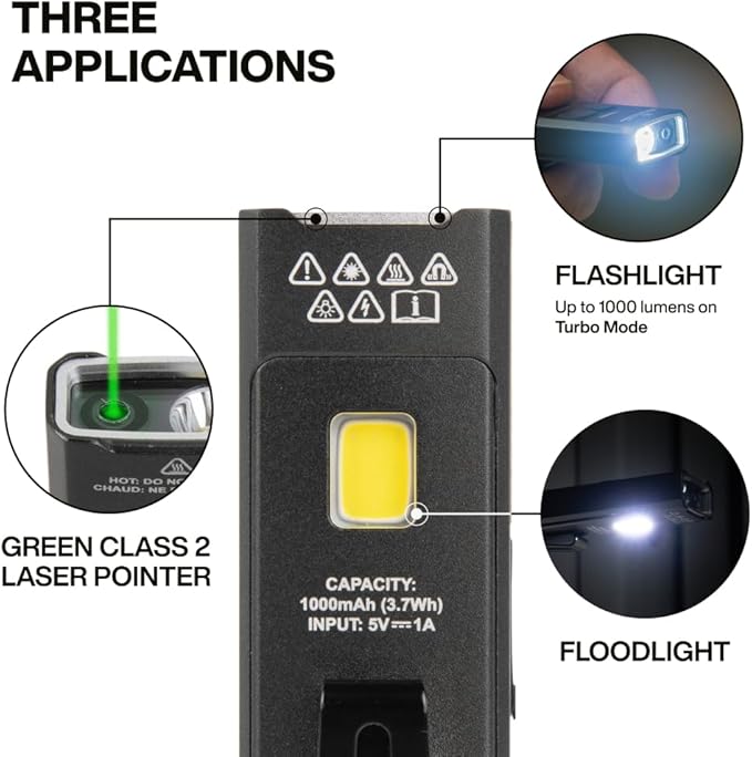 Klein Tools 56074 EDC Pocket Flashlight with Green Laser, Three Brightness Modes up to 1000 Lumens with Turbo Mode, Built-in Floodlight, <1mW, 510 to 530nm, Class 2, Rechargeable
