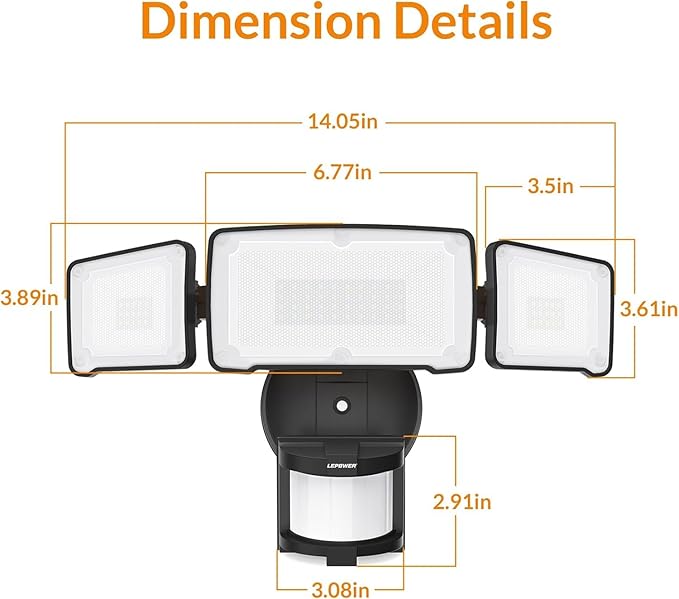 LEPOWER LED Motion Sensor Security Lights, 3 Head Motion Detected, 38W, 4200LM, Waterproof IP65, 5500K, Full Metal for Outdoor, Garage, Porch, Yard (Black)