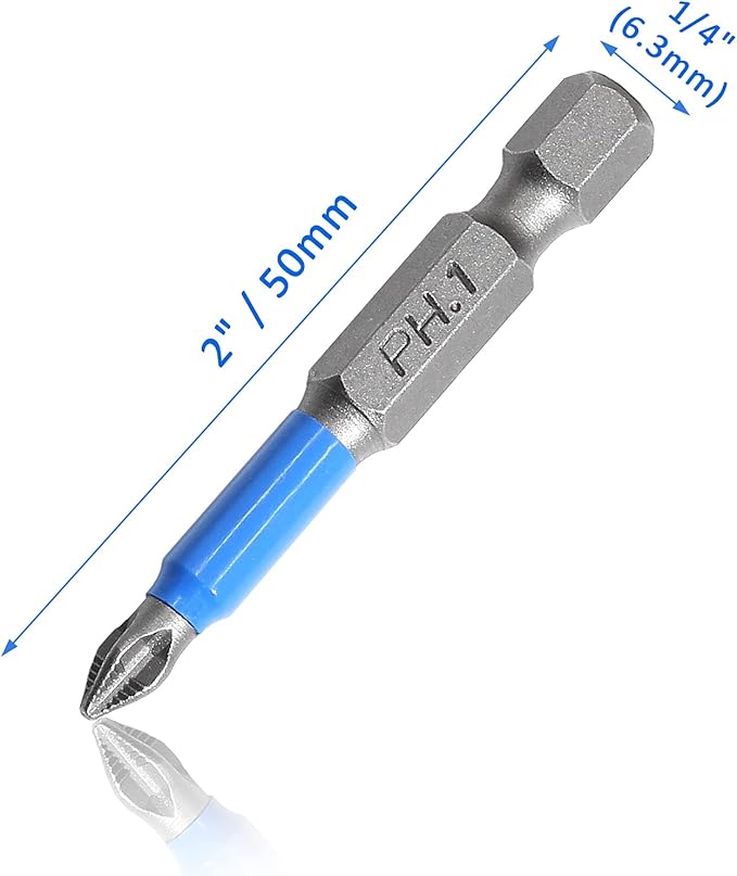 10 Pcs Magnetic Phillips Screwdriver Bit Set 2 inch Long, PH1 Phillips Bits Set, Non-Slip Cross Head Electric Screwdriver Bits Set 1/4" Hex Shank (PH1, 50mm)