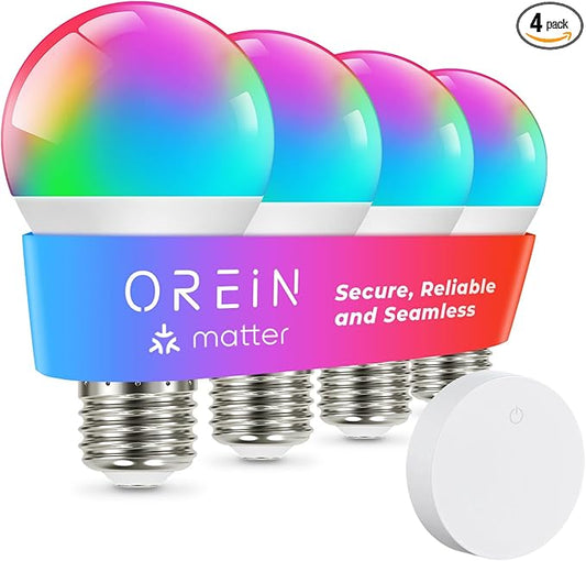 OREiN Matter Smart Light Bulb, Smart Light Bulbs with Remote Control Work with Apple Home, Alexa, Google Home, SmartThings, Color Changing Light Bulbs 2.4Ghz WiFi, 800 Lumens Equivalent 60W 4Pack