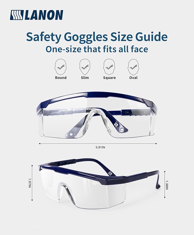 LANON 3 Pack Anti-Fog Safety Goggles with Ajustable Temples, 2.5 Times ANSI Z87.1 Double-sided Antifog, Side Protection, High Transmission, Lightweight