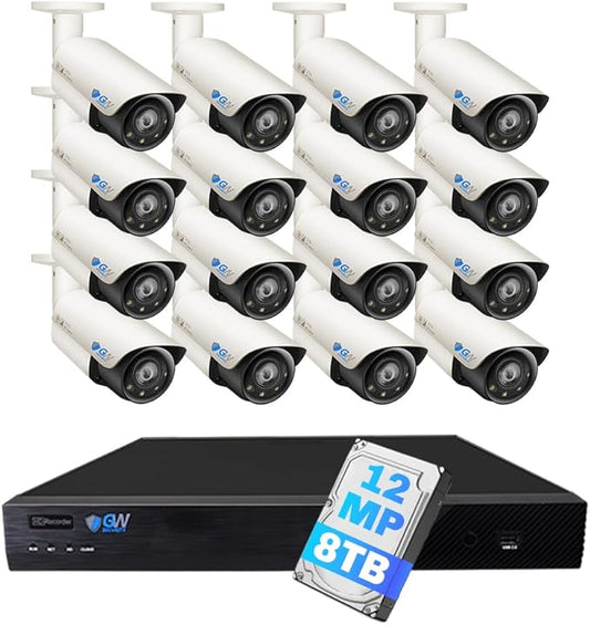 GW Security 32 Channel UltraHD 12MP 6K @ 30FPS Realtime 3X Motorized Zoom PoE Security Camera System with 16 x 12MP IP Two-Way Audio Full-Time Color Night Vision Outdoor/Indoor Smart AI Bullet Cameras