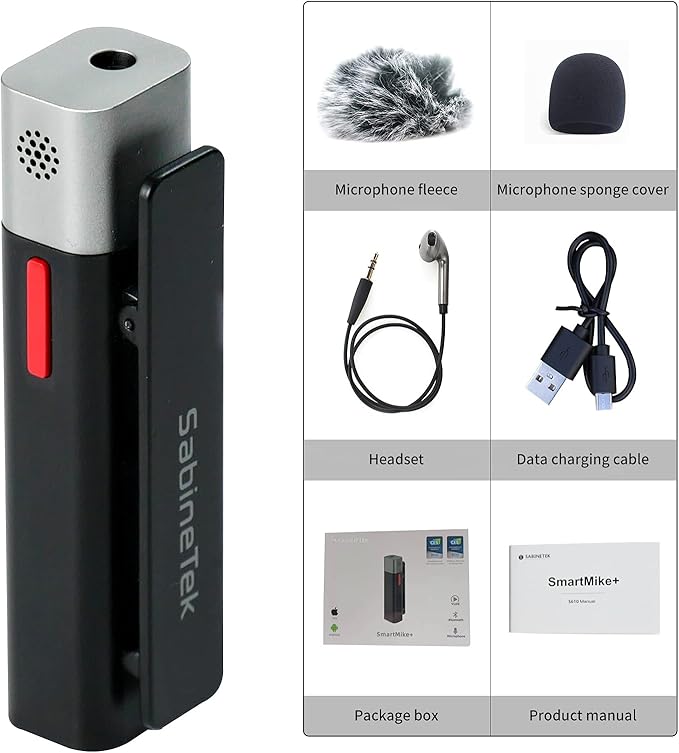 SabineTek Official SmartMike+ Ultra-Compact Wireless Bluetooth Microphone Long Distance Audio Recording Noise Reduction Lavalier Mic (14g) (Black)