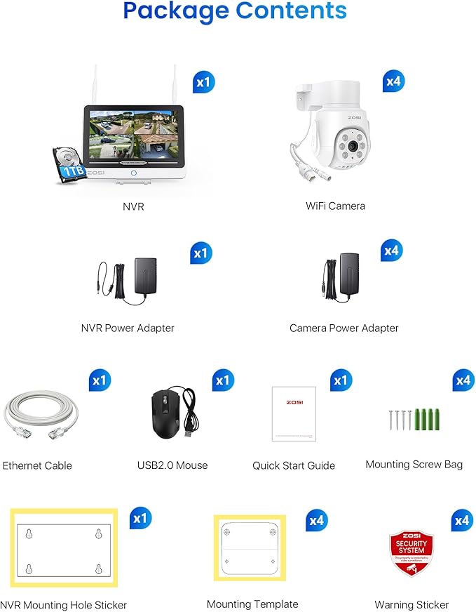 ZOSI 8CH 5MP Wi-Fi 6 Security Camera System with 12" LCD Monitor,4pcs 5mp Pan Tilt Plug-in WiFi Cameras Outdoor Indoor,AI Person Detection,Color Night Vision,2-Way Audio,1TB HDD for 24/7 Recording