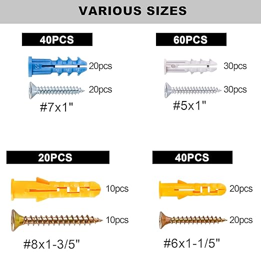 KURUI Wall Anchors Kit for Hanging Wall Art Decor, 160Pcs Drywall Anchors Assortment Kit for Frame Shelf Decorations, Plant Hooks, 135 Screws and 135 Plugs, Picture Hangers for Drywall Concrete Brick