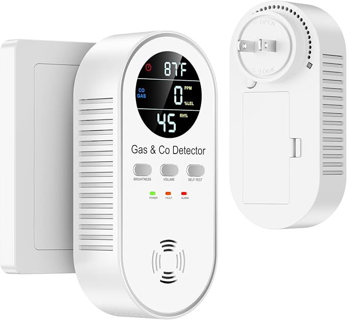 5 in 1 Carbon Monoxide Detectors Plug in with Temperature Humidity Sensor Built in Battery Backup,Natural Gas Leak Detector with Clear LED Display Sound & Light Warning for Home/Hotel,1-Pcs, White.