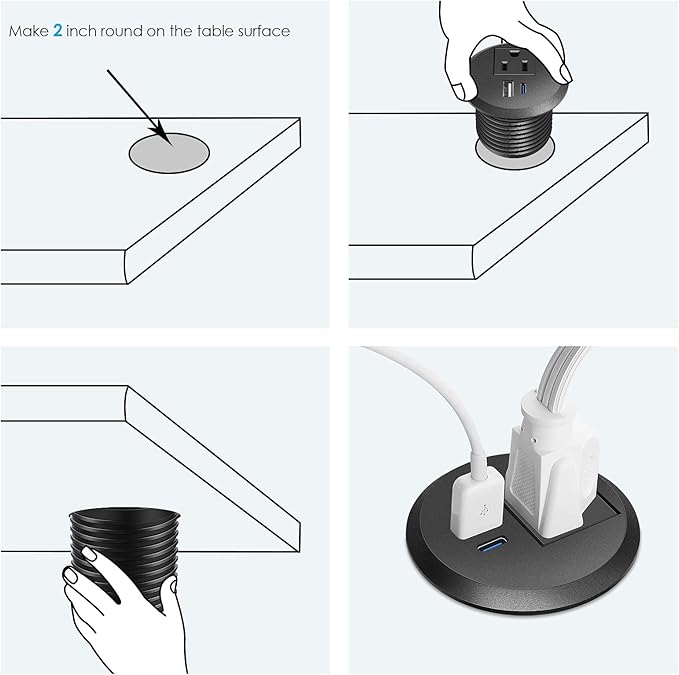 2 inch Desktop Power Grommet with PD 20W USB C,Ultra Thin Flat Plug Power Strip,Recessed Outlet,Slim Outlet Extender for Office,Table Outlets for Home, Office,6 ft Cable(Black)