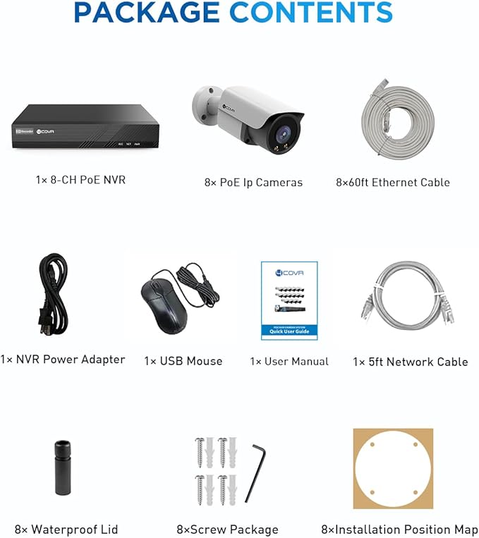 4COVR 8CH 4K Wired Security Camera System, 2-Way Audio & Smart Color Night Vision, 8X 8MP PoE IP Bullet Cameras, AI Human/Vehicle Detection, IP67 Weatherproof, 2TB NVR, 24/7 Recording, LY37YX8M0808-1
