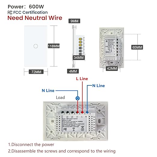 Smart Light Switch 3 Way Need Neutral Wire,FCC Certified,2.4GHz WiFi Switch Glass Panel APP Control Timer Work with Tuya/Smart Life,Alexa and Google Home,White 1 Gang