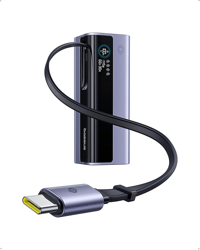 Baseus Laptop Power Bank, 20,000mAh 145W Small Portable Charger Built-in Retractable Cable, 4-Port PD Fast Charging Battery Bank with Smart Display, for iPhone/MacBook/Samsung/Dell/HP, and More