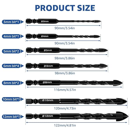 12Pcs Concrete Drill Bit Set Alloy Masonry Drill Bit Set Cross Head Tile 3/4/5/6/8/10/12mm Durable Drilling Hole for Concrete Glass Ceramic Tile Wood Marble