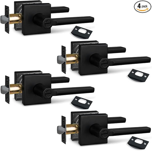(4Pack) Bed/Bath Room Door Lever for Privacy Bathroom and Interior Door Door Lock Handle in Aged Matt Black, HD1601-DB-BK-4P