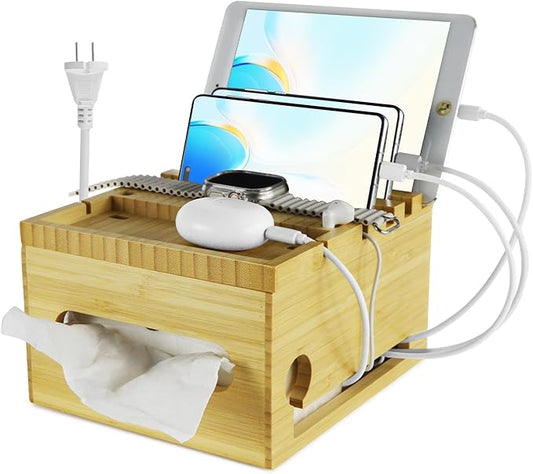 Eco-Friendly Bamboo Device Charging Stasion Organizer - Multi-Devic Manager, Cell Phone Holder and Tissue Box Combination Design - Multi-Device Charging Station, Home Charging Station