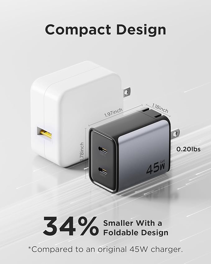 PISEN 45W USB C Charger - GaN Dual USB-C Wall Charger Block Fast Charging, Mini Foldable PD PPS for iPhone16/15/14 Pro, Pro Max, Mini, iPad Pro Series, Samsung Galaxy S23 Ultra, MacBook Etc
