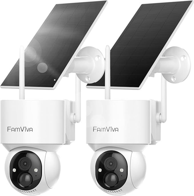 2K Solar Security Cameras Wireless Outdoor, 360°PTZ Battery Powered Cameras for Home Security, 2.4G WiFi Outdoor Camera with Color Night Vision, IP66 Waterproof, Motion Sensor Alarm, White,2Pack