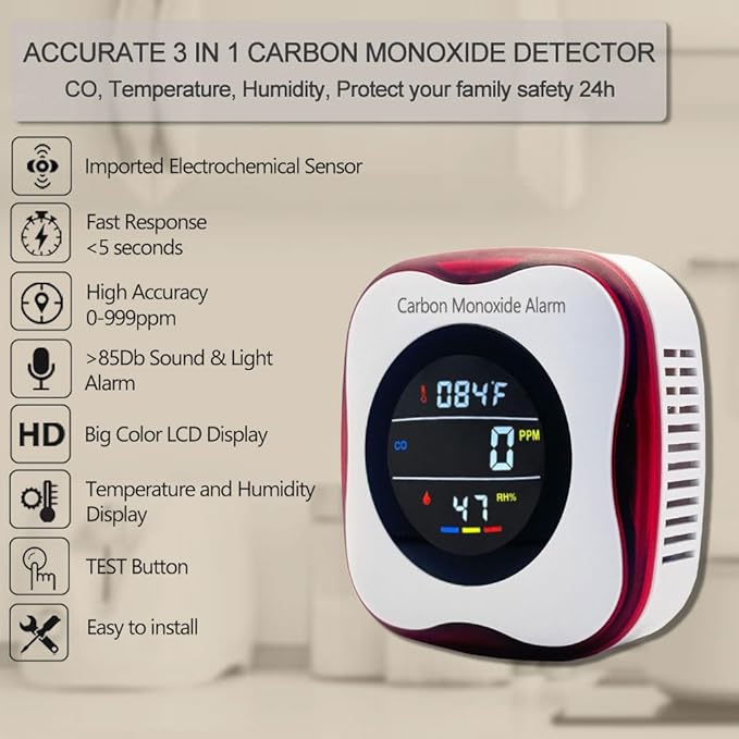 Carbon Monoxide Detectors, KH Alert 3-in-1 Travel CO Detector Humidity Temperature Meter, Portable Carbon Monoxide Detector with Sound and Light Alarm, Mini CO Gas Monitor for Home/Kitchen(2 Packs)